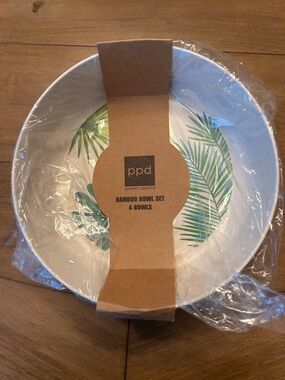Bamboo Bowl Set - White with Green Palm Print (4 Bowls)